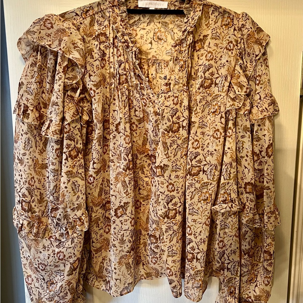Olivaceous Floral Ruffle Blouse - Brown and Cream